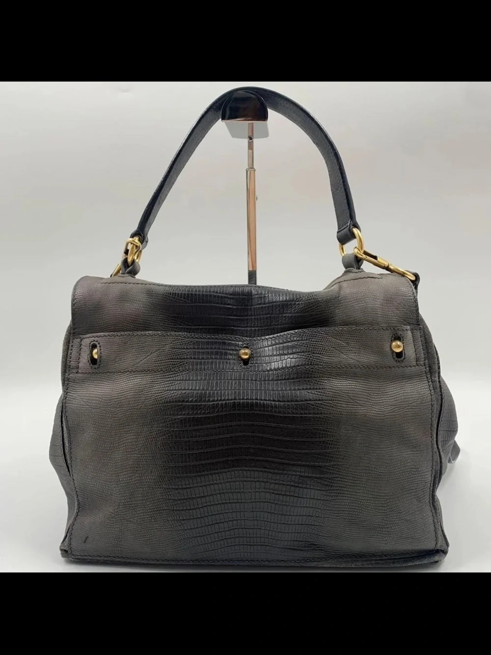 Saint Laurent Dark Gray Textured Leather Shoulder Bag with Gold Hardware